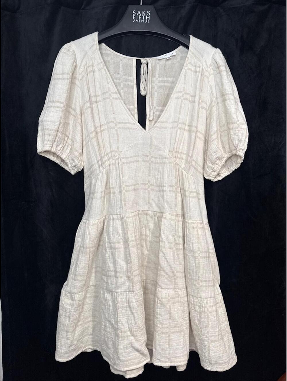 Little Lies Anthropologie Linen blend babydoll puff sleeve Lana dress 12 EUC